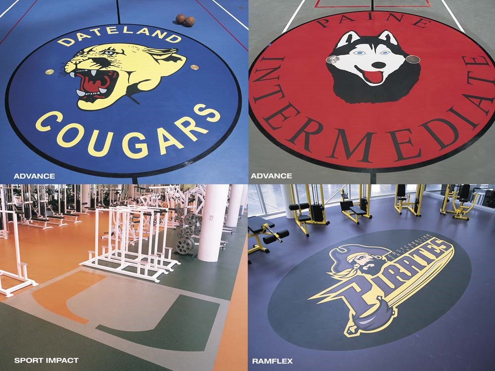 waterjet cut logos in rubber flooring for gym floors